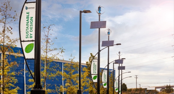 outside data center with lamp posts with solar panels
